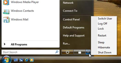 screenshot of windows vista showing all the shutdown options, courtesy joel on software